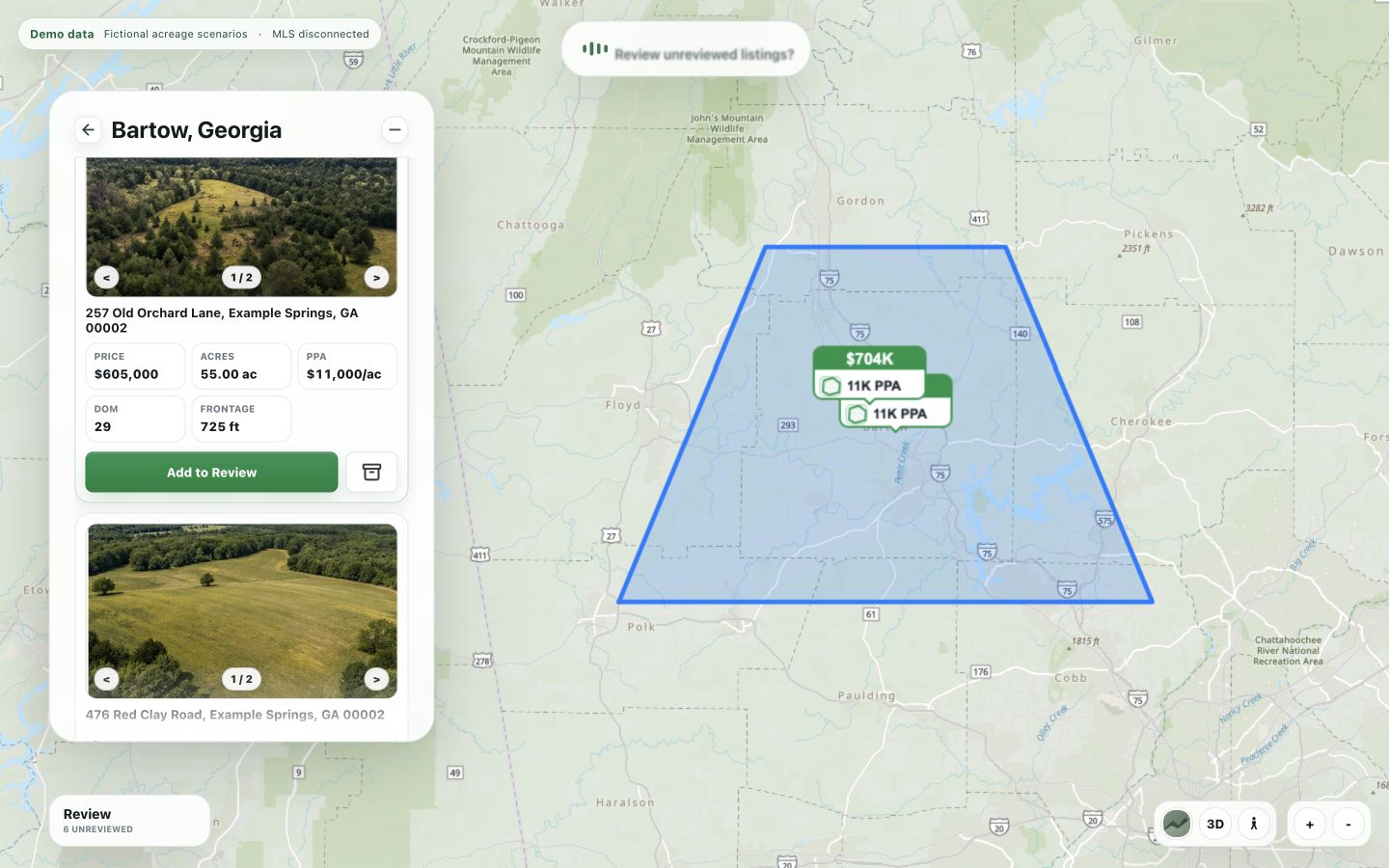 Synthetic Dealflow demo with fictional listings and parcel overlays