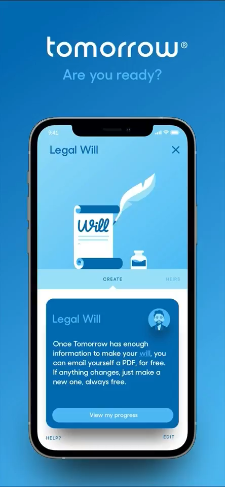 Tomorrow legal-will experience shown on an iPhone