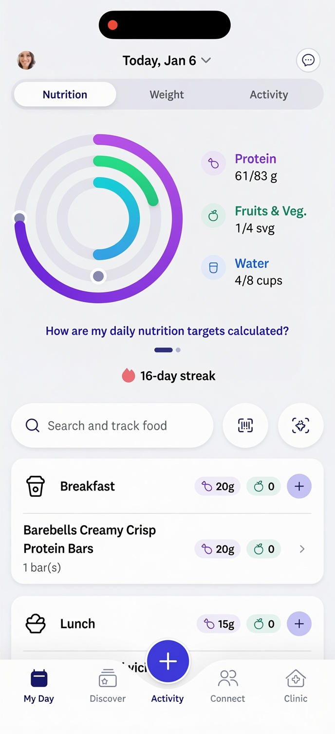 WeightWatchers My Day screen showing daily protein, fruit-and-vegetable, and water targets