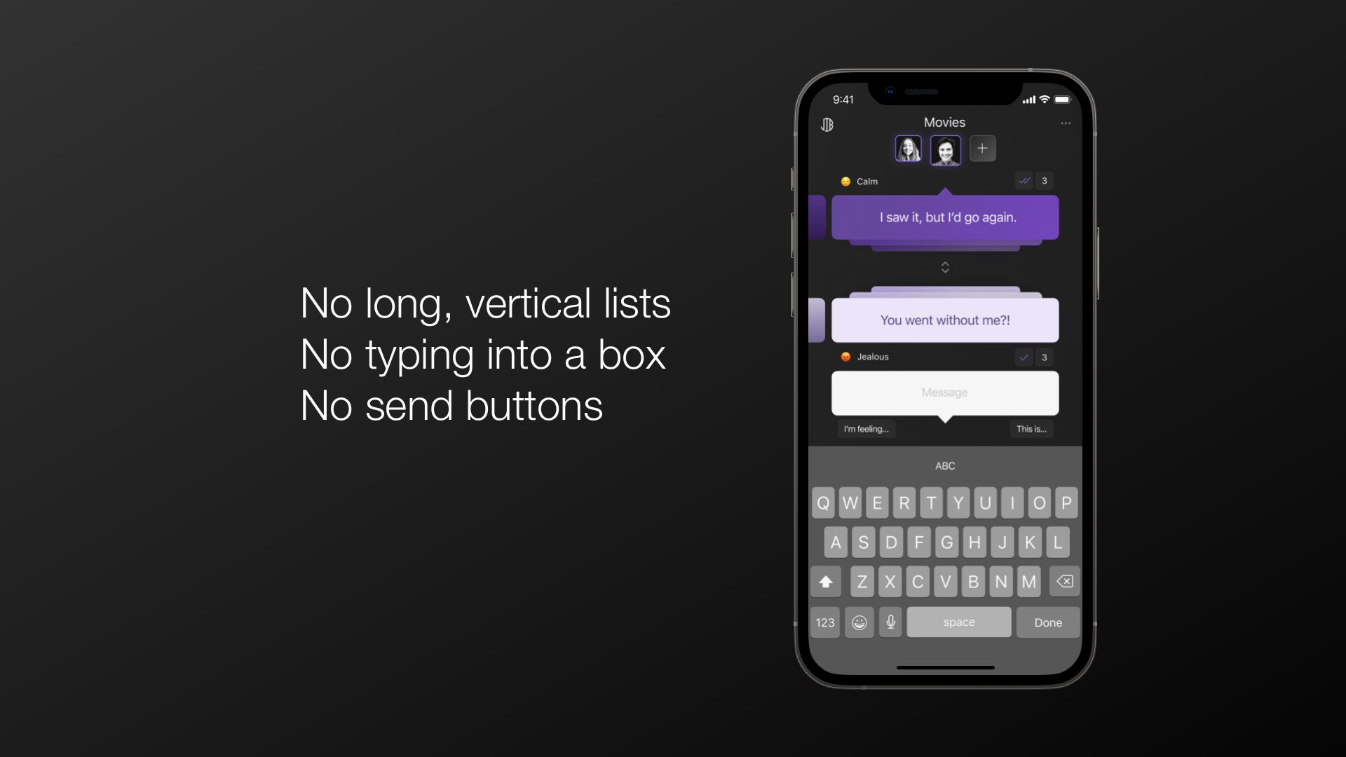 Simplified messaging interface without lists or send buttons